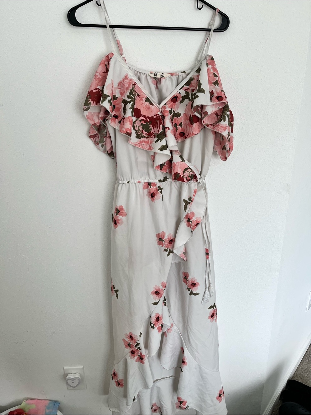 Floral Ruffle White Maxi Dress with Pink Bloom Print